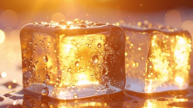 Clear ice cubes slowly melt under strong summer sunlight.
Water droplets form and drip while light sparkles on the surface.