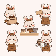 Naklejka premium Cute Bunny Barista Illustration Set Kawaii Coffee Shop Rabbit Character Collection