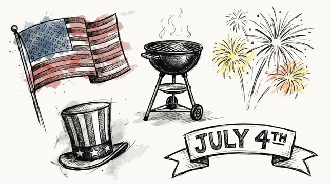 Festive Fourth of July Illustration with American Flag, Grill, Fireworks and Uncle Sam Hat Vector Graphic