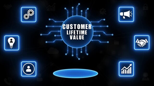 Customer Lifetime Value concept with icons for business strategy and growth on dark blue background marketing.4K Animation.