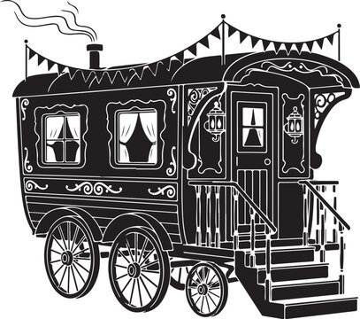 Vintage Gypsy Caravan, Black and White Illustration, Ornate Wagon, Travel Trailer