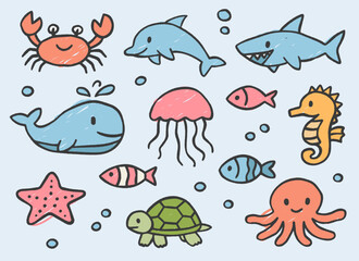 Naklejka premium Set of colorful sea animal doodles in children's crayon drawing style. Cute underwater creatures vector.