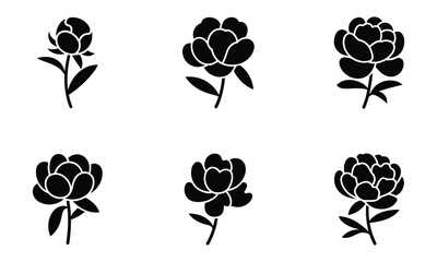 Fototapeta premium Set of six black silhouette peony flower buds and closed blooms vector illustration