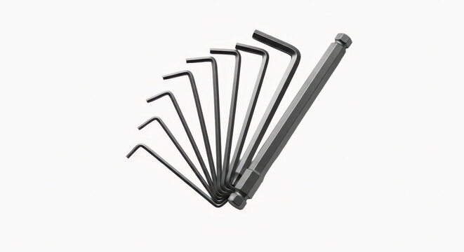 Set of metallic hex key allen wrenches arranged fan style on a clean white background