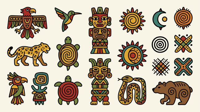 Colorful vector set of ancient tribal symbols featuring birds, animals, and geometric glyphs inspired by indigenous art, with bold shapes and flat colors in a modern minimalist style.