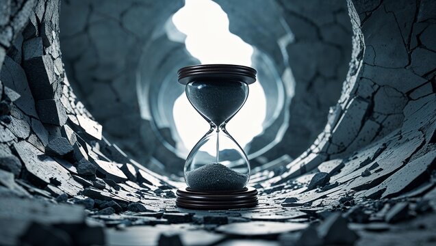 Time Erosion: Hourglass in a cavern with cracked walls symbolizing decay and the past
