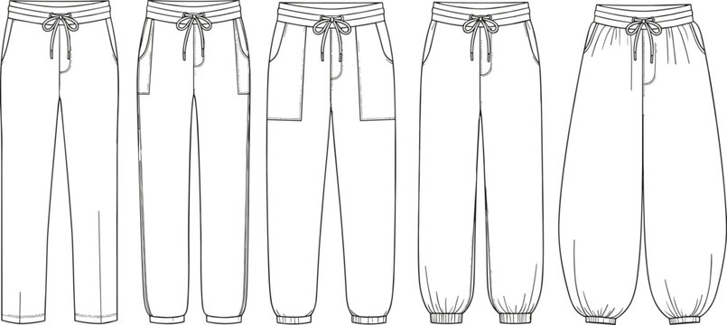 Technical Fashion Flat Sketch Set of Women's Casual Sweatpants and Joggers Featuring Drawstring Elastic Waistbands Utility Pockets and Ribbed Cuffs for Apparel Design Tech Packs.