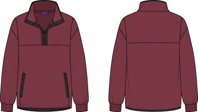 Technical fashion flat sketch of a maroon quarter zip fleece jacket with black trim detailing featuring front and back views for tech pack design.