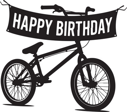 Black bicycle with Happy Birthday banner, birthday bike decoration, vector birthday sign, bike party illustration