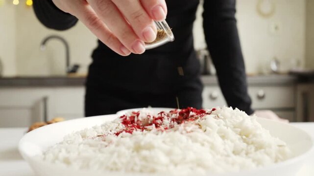 cumin seeds sprinkled over white rice for aromatic savory dish