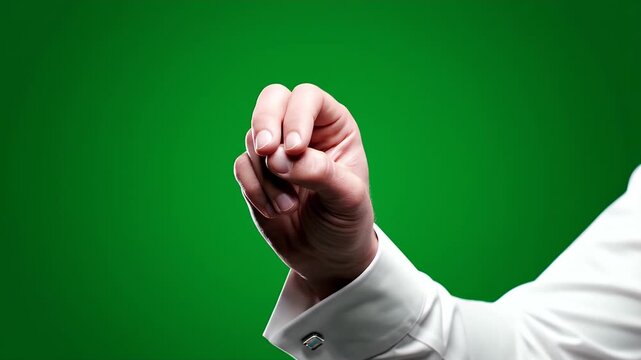 Close up of a person's hand wearing a white dress shirt and cufflinks interacting with a transparent object against a vibrant green screen background