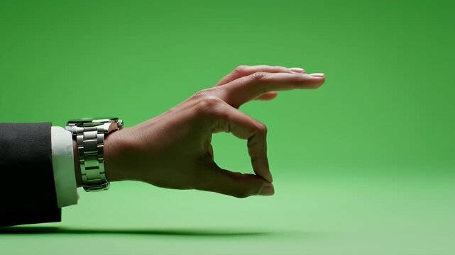 Close-up of a person's hand wearing a watch gesturing against a vibrant green background, ideal for compositing and visual effects