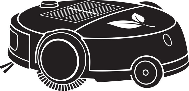 Solar Powered Robot Vacuum Cleaner Icon, Eco Friendly Cleaning Robot, Black and White Vector Illustration, Modern Home Automation Device