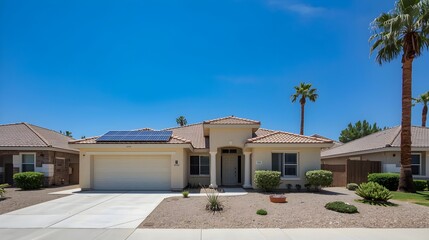 Fototapeta premium Modern suburban desert home with tile roof and palm trees under clear blue sky