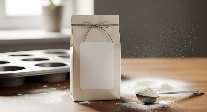 A brown paper bag with a blank label tied with twine sits on a wooden table next to a metal muffin tin and a spoonful of flour