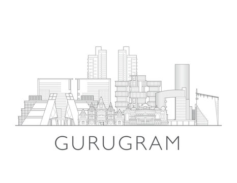 Gurgaon (Gurugram) skyline India. Urban cityscape with landmarks and monuments. Hand drawn line art digital skyline illustration.