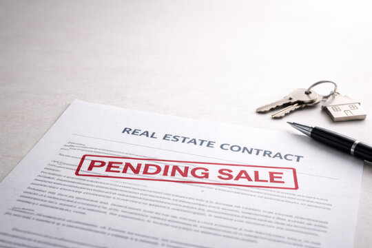 Pending sale real estate contract housing market trends key pen document Home sale paperwork with pending sale stamp showing