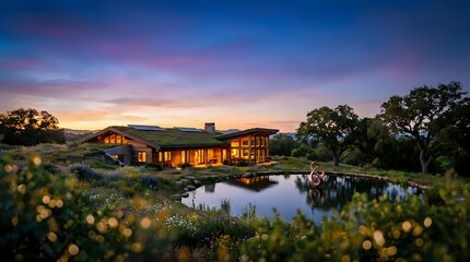 Fototapeta premium Modern luxury home with warm lighting reflected in tranquil pond at sunset, surrounded by native landscape and mature trees in serene natural setting.