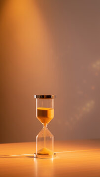 Hourglass sand time passage balance moments life in warm light on table background for countdown concept and calm mindfulness