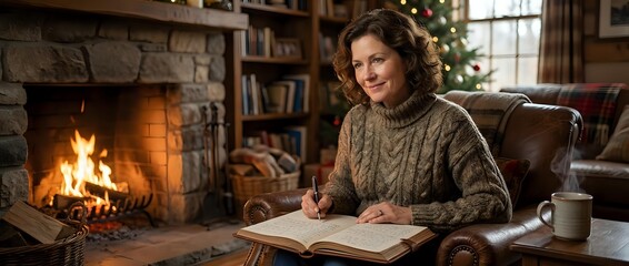 Obraz premium Middle-aged Caucasian woman in cozy cable knit sweater reading book by fireplace in rustic living room with leather chair and bookshelves during winter.