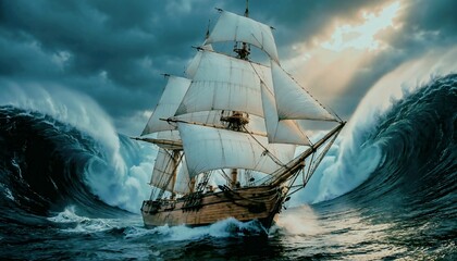 Dramatic Sailing Ship Fighting Giant Storm Waves in Open Ocean Cinematic Lighting