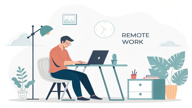 A man works remotely on his laptop from a comfortable home office with plants and a lamp