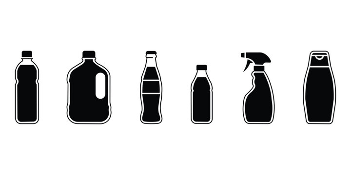 Black and white vector illustration of various cleaning product bottles and sprayers in a simple design 