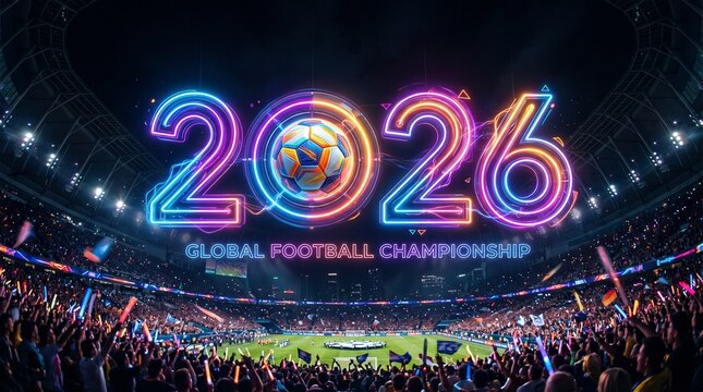 Futuristic glowing &ldquo;2026&rdquo; with neon accents, colorful soccer ball embedded in the number zero, dark cinematic background with wide negative space, sports event concept