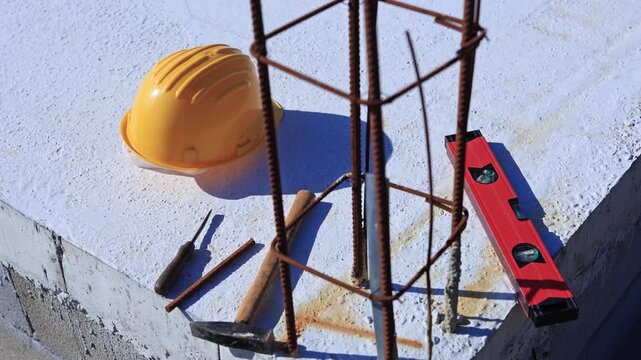Construction tools and helmet on a cement foundation with iron rebar.