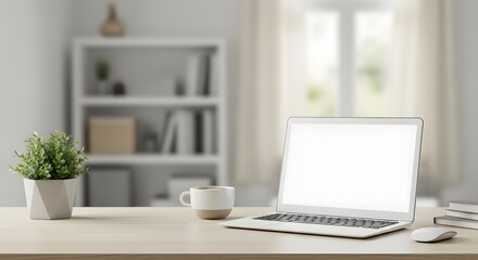 Fototapeta premium Modern home office workspace with laptop, coffee, and minimalist decor in natural light