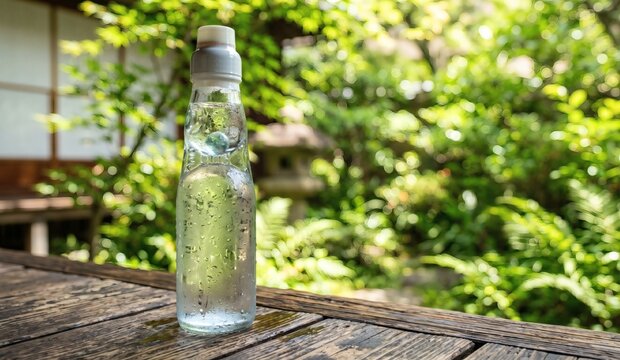 Close up of a clear blank glass Ramune soda bottle with condensation and garden bokeh