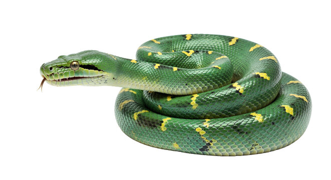 Emerald tree boa (Corallus caninus) coiled on transparent background, 3D illustration. Vibrant green snake with yellow markings coiled in a circular pattern, perfect for wildlife project 