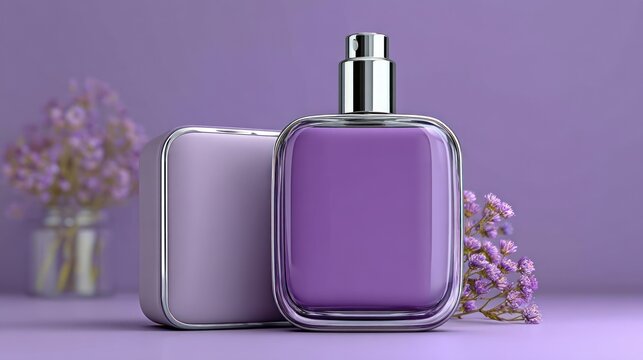 Shiny Purple Perfume Bottle with Silver Cap on Soft Lavender Surface