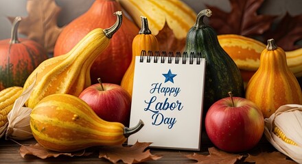 Autumn harvest and labor day greeting with pumpkins gourds and apples