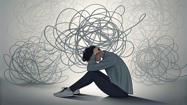 A man sits on the floor overwhelmed by chaotic thoughts and emotions