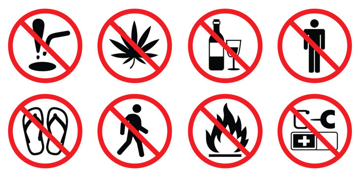 Prohibition icon set, no urination, no marijuana, no alcohol, no pedestrians, no flames, and no tipping symbols, restricted action warning icons, isolated on transparent background vector illustration