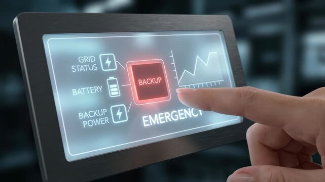 Emergency backup power battery control panel with touchscreen display showing grid status interface for energy resilience and crisis management