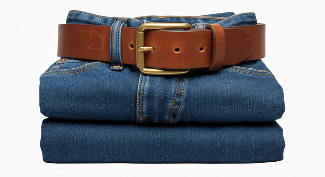 Stack of folded blue denim jeans with a classic brown leather belt isolated on white