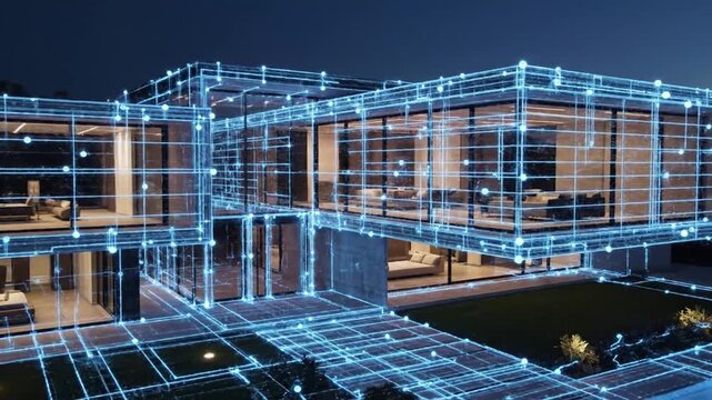 Modern luxury mansion at night with illuminated exterior and pool