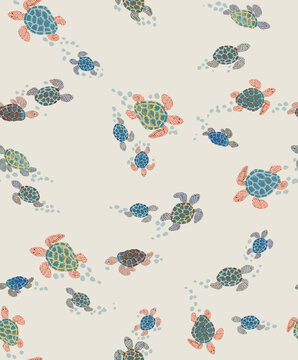 A beige background seamless pattern with colorful turtles swimming in various directions leaving trails of bubbles behind them
