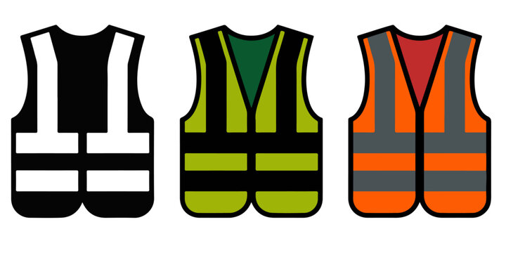 Set of high visibility safety vests in different colors including reflective stripes for construction workers road safety and industrial protection