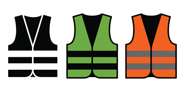 Set of high visibility safety vests in different colors including reflective stripes for construction workers road safety and industrial protection