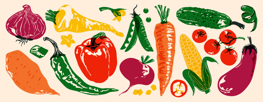 Fresh vegetables. Organic farm food, tomato bell pepper carrot eggplant cucumber green peas onion potato, vintage vegetable collection risograph linocut print. Vector abstract set