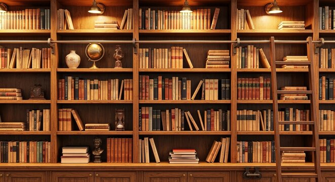 Cozy Library with Antique Objects, Wooden Bookshelves, and Vintage Decor for Relaxation
