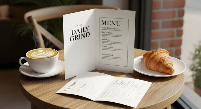 Folded restaurant menu mockup is displayed on small cafe table with fresh cappuccino and croissant in warm cozy daylight atmosphere