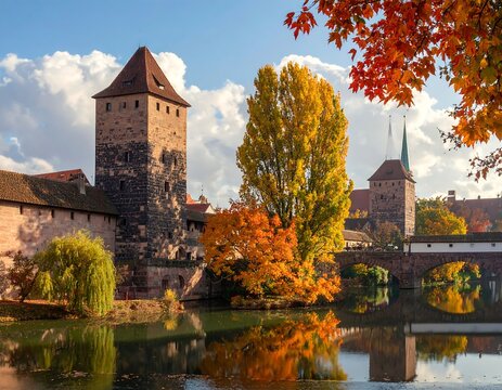 A serene autumnal scene featuring a medieval town with a river