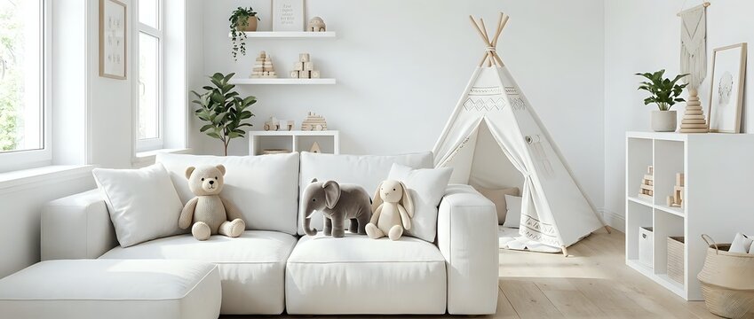 Modern bright children's playroom with white teepee tent, cozy sofa, stuffed animals and floating shelves creating safe space for kids activities and imagination.
