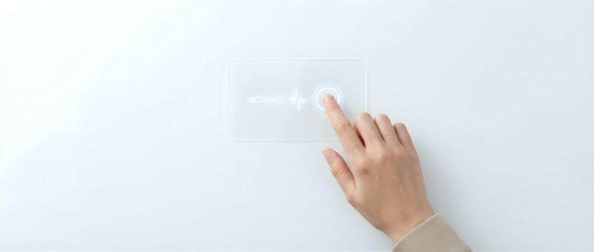 Hand touching transparent glass surface with fingerprints visible on clean modern interface for technology and interaction concepts.