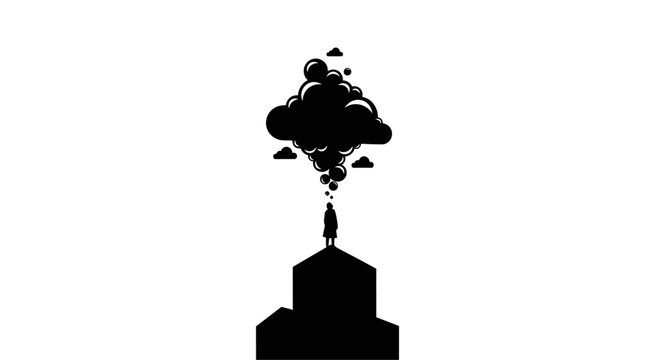 Black silhouette of smoke coming from building.