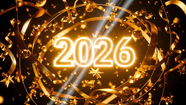Glowing Golden 2026 with Festive Confetti and Ribbons